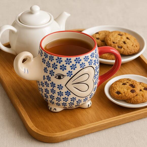 🐘 Yokohama Studio Japan Ceramic & Enamel Blue Floral Elephant Mug (4 Available) - Picture 1 of 11